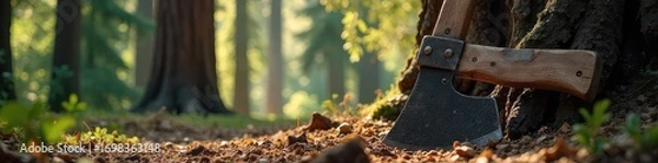 Fototapeta Lumberjacks Axe Leaning Against Redwood in Sunlight, Showcasing Forestry Strength and Skill