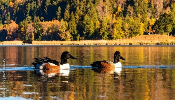 Fototapeta Two ducks on a calm lake, autumn foliage