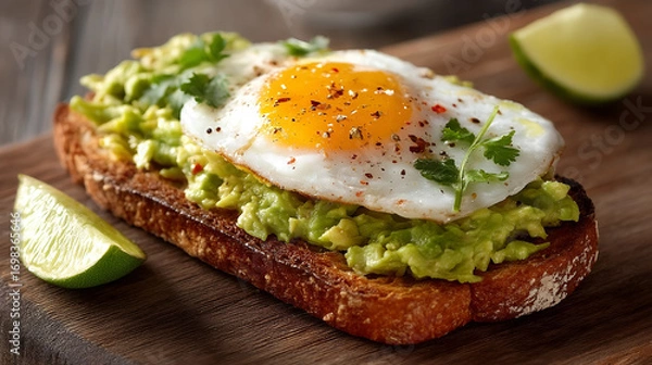 Fototapeta Avocado Toast with Egg: A culinary masterpiece, featuring a slice of golden toast generously laden with creamy avocado and crowned with a perfectly cooked egg.