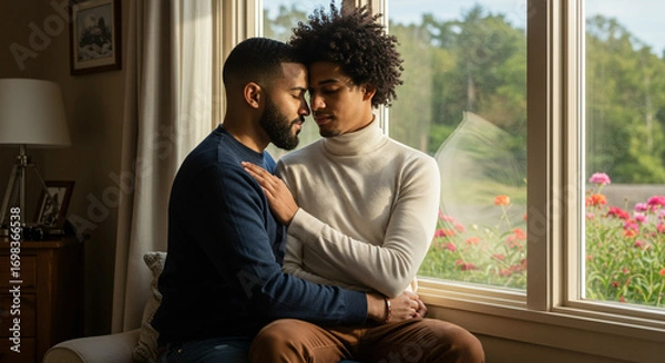 Fototapeta A loving couple sharing an intimate moment near a bright window at home. AI-generated