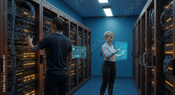 Fototapeta Technicians Configuring Servers in a Futuristic Data Center Environment. AI-generated image