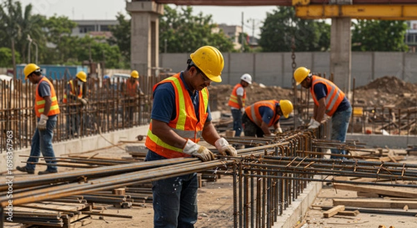Fototapeta Construction workers assembling steel structures at an active construction site. AI-generated image.