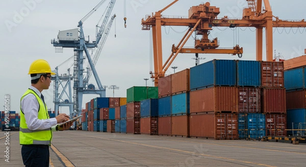 Fototapeta Professional worker inspecting containers at a busy industrial port. AI-generated image.