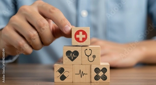 Fototapeta Wooden blocks stacked in a pyramid with healthcare symbols representing health insurance and medical care
