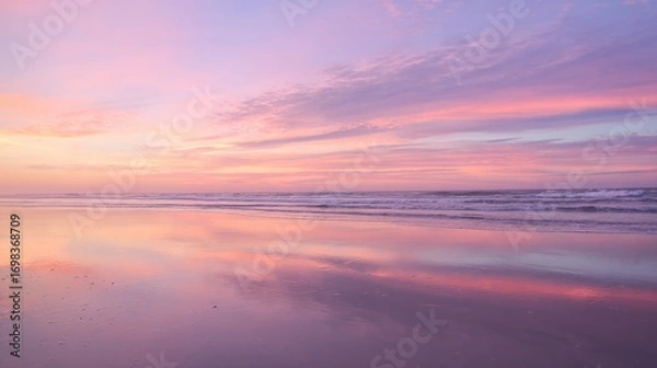 Fototapeta Soft Pastel Sunset Over a Calm Ocean Beach: Gentle Pink & Lavender Sunset Glow, Serene Beach with Calm Waves—Tranquil Coastal Scene of Pastel Hues at Dusk