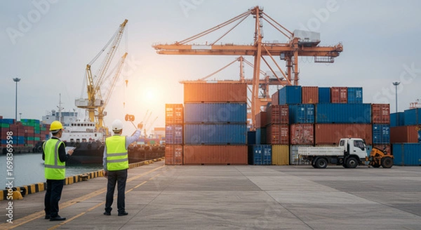 Fototapeta Professional worker inspecting containers at a busy industrial port. AI-generated image.