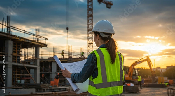Fototapeta Construction Manager Overseeing a Busy Construction Project at a Construction Site. AI-generated image