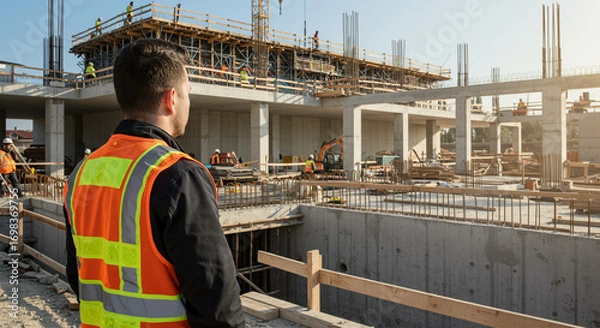 Fototapeta Construction Manager Overseeing a Busy Construction Project at a Construction Site. AI-generated image