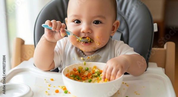 Fototapeta A Baby Enjoying a Meal of First Solids


