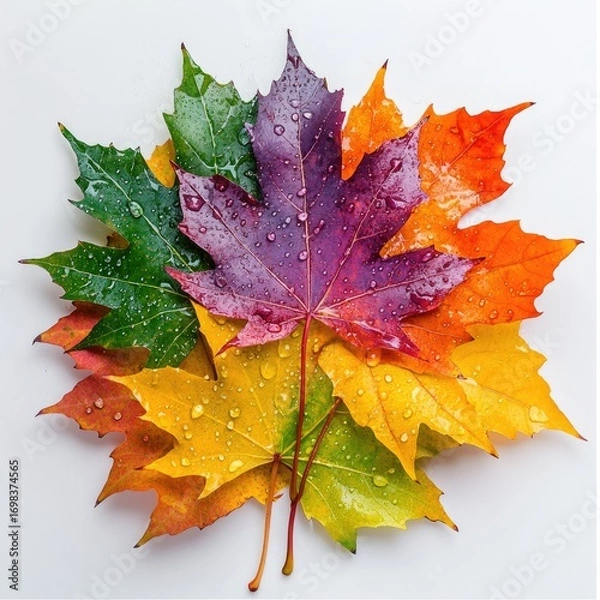 Fototapeta A bunch of maple leaves in different colors with water droplets on them.
