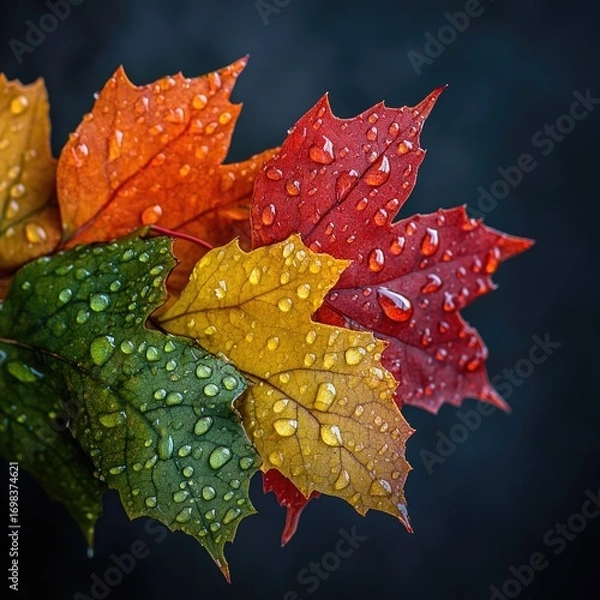 Fototapeta A bunch of maple leaves in the colors red, orange, yellow, green, and brown with water droplets on them. dollar-1 --v 6.1 Job ID: c50c8166-d7f6-4d64-9f03-f7a3cae08ff5