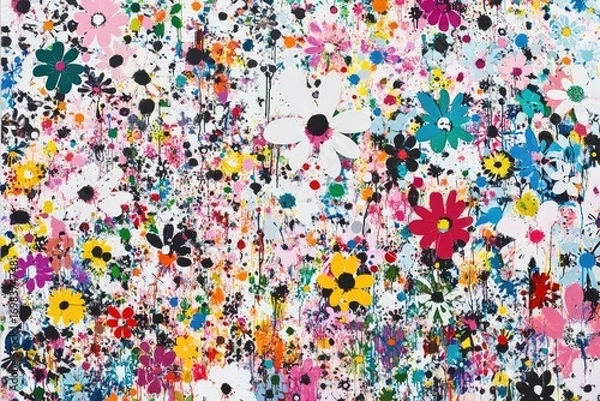 Fototapeta A chaotic and colorful abstract painting with multiple layers of paint, splatters, and strokes creating an explosion of color on the canvas.