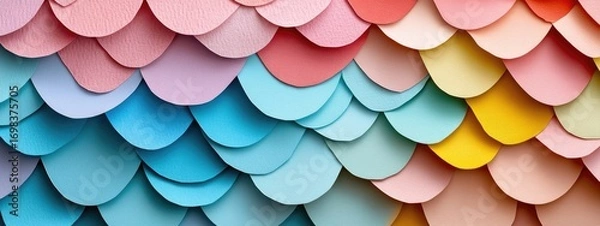 Fototapeta A close-up of an array of colorful paper scales, each one slightly different in shape and size, arranged to create a seamless pattern on the wall.
