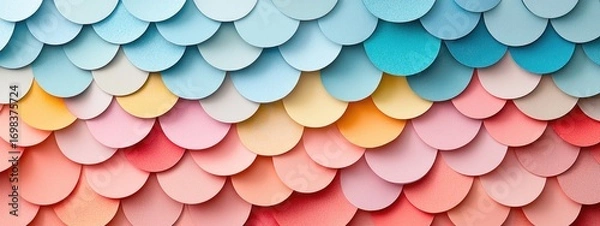 Fototapeta A close-up of an array of colorful paper scales, each one slightly different in shape and size, arranged to create a seamless pattern on the wall.