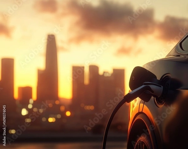Fototapeta A close-up of an electric car charging, with the sun setting in the background and city buildings visible through its windows. The car's gray color contrasts against the blue sky.