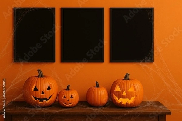 Fototapeta Halloween Frame Mockup with Pumpkin Decorations and Cobwebs on Orange Background