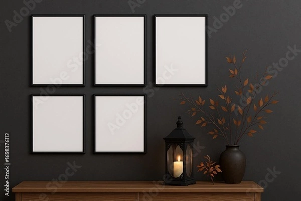 Fototapeta Halloween Frame Mockup with Lantern and Autumn Leaves on Dark Wall