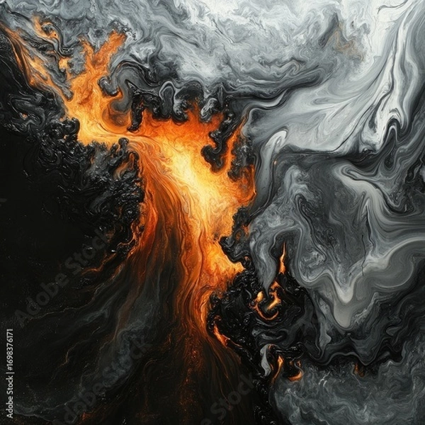 Fototapeta A close-up of an oil spill in the water, with dark gray and orange tones creating strong contrast, showcasing intense movement.