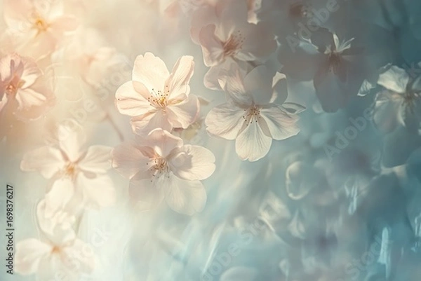 Fototapeta A close-up of delicate cherry blossoms in full bloom, with soft sunlight filtering through the petals.