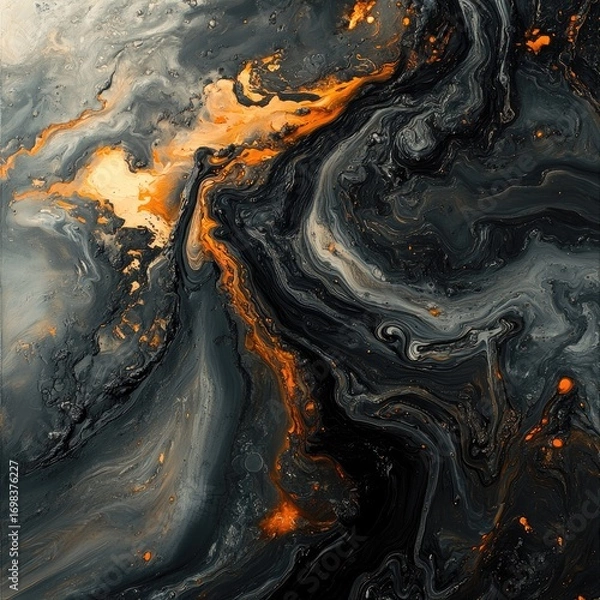 Fototapeta A close-up of an oil spill in the water, with dark gray and orange tones creating strong contrast, showcasing intense movement.