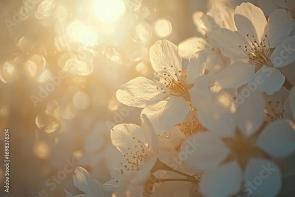Fototapeta A close-up of delicate cherry blossoms in full bloom, with soft sunlight filtering through the petals.