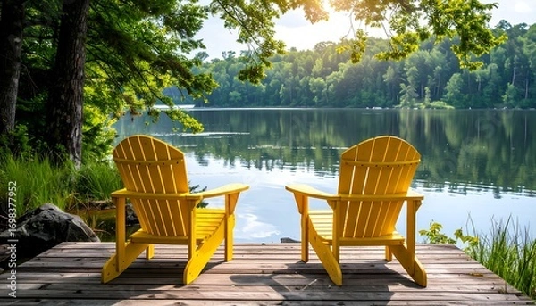 Fototapeta Two yellow Adirondack chairs on a lakeside dock.  Tranquil summer scene