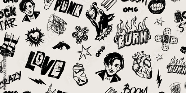 Fototapeta Rock music seamless pattern, grunge punk scribble background, hand drawn vector urban doodle texture. Modern dark gothic wallpaper, emo ink scratch crazy print design. Black rock textile pattern