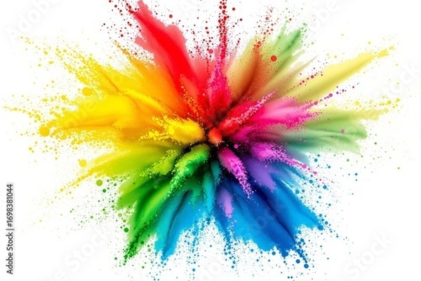 Fototapeta Multicolor powder explosion forming radial abstract splash on white background, vibrant artistic concept for creative color burst background. Ai generative