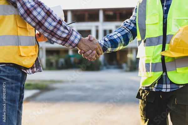 Fototapeta Construction workers shaking hands at construction site, agreement and partnership in a project.