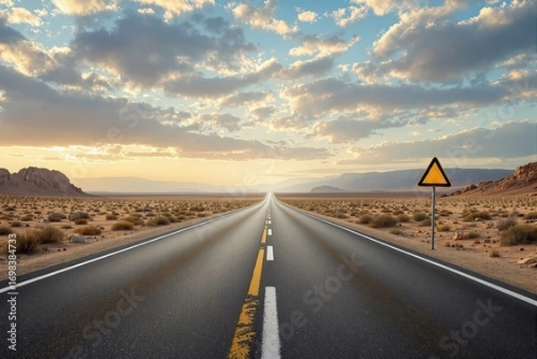Fototapeta Endless highway in desert landscape with yellow sky and soft clouds, creative visual style, road sign on side, background of vast open wilderness. Ai generative