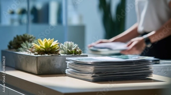 Fototapeta Contemporary human resources environment with frosted glass walls a focused specialist digitally sorting resumes onboarding paperwork stacked methodically near decorative
