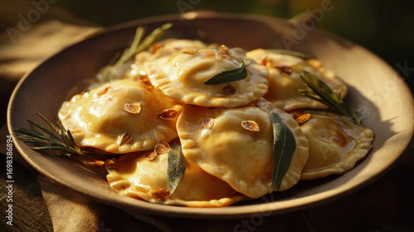 Fototapeta Golden pumpkin ravioli with crispy garlic and sage leaves on a rustic wooden plate in warm sunlight