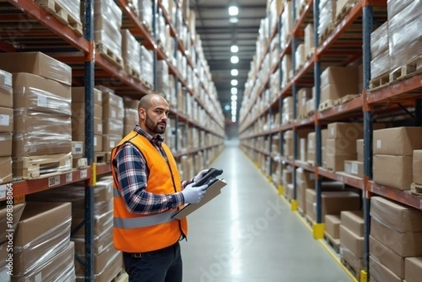 Fototapeta Worker in safety vest scans packages in spacious warehouse aisle, surrounded by stacked boxes on high shelves, industrial background concept. Ai generative