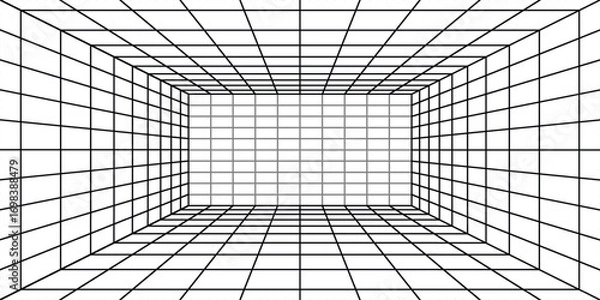 Fototapeta 3d perspective of wireframe white room background. Empty futuristic digital rectangle laser line box interior with black mesh walls, sci fi matrix grid. Abstract virtual space render. 3D Illustration