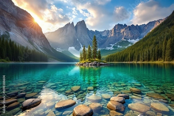 Fototapeta Serene turquoise mountain lake with small pine-covered island, rocky clear shoreline, surrounded by alpine mountains and forest background. Ai generative