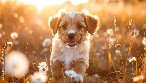Fototapeta Adorable puppy running through a field of flowers at sunset