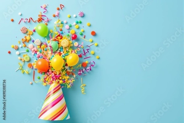 Fototapeta Party hat exploding with colorful balloons, candies, and streamers in playful creative style on blue background, concept of fun celebration. Ai generative