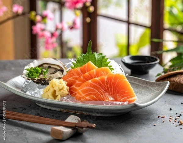 Fototapeta Raw fish slice and oyster serve with wasabi on the table