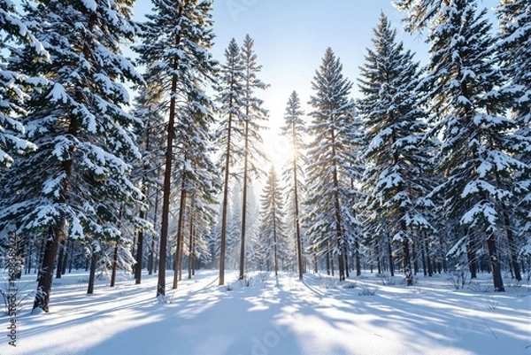 Fototapeta Snowy pine forest scene with tall trees under bright sunlight, creative graphic style, with a soft blue sky background. Concept of peaceful winter. Ai generative