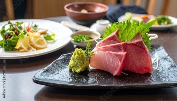 Fototapeta Raw fish slice and oyster serve with wasabi on the table
