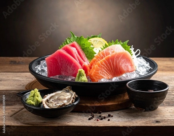 Fototapeta Raw fish slice and oyster serve with wasabi on the table