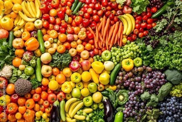 Fototapeta Colorful fruits and vegetables arranged in rainbow gradient, natural photographic style, on top view background. Concept of healthy organic nutrition. Ai generative