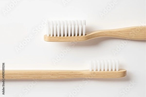Fototapeta Eco-friendly bamboo toothbrushes with white bristles displayed side by side in a minimalist style on a clean white background, concept of sustainable hygiene. Ai generative