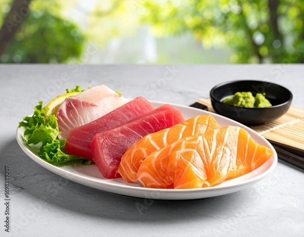 Fototapeta Raw fish slice and oyster serve with wasabi on the table