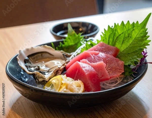 Fototapeta Raw fish slice and oyster serve with wasabi on the table