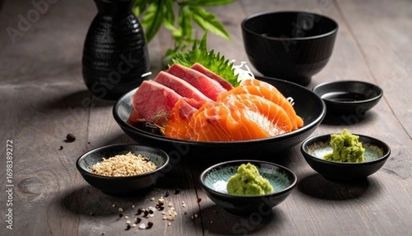 Fototapeta Raw fish slice and oyster serve with wasabi on the table