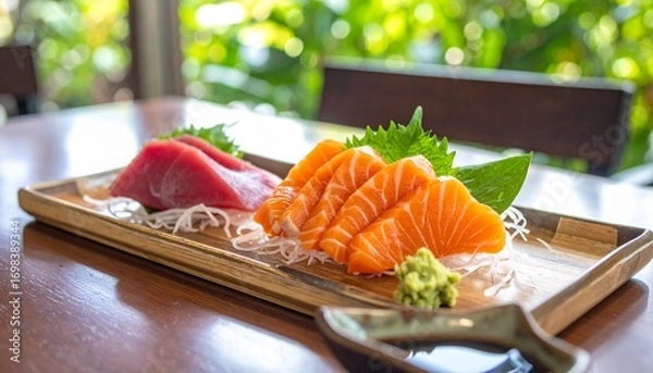 Fototapeta Raw fish slice and oyster serve with wasabi on the table