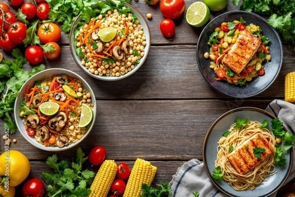 Fototapeta Colorful bowls and plates of healthy meals with grains, vegetables, mushrooms, and grilled fish on rustic wood background with fresh herbs and tomatoes. Ai generative