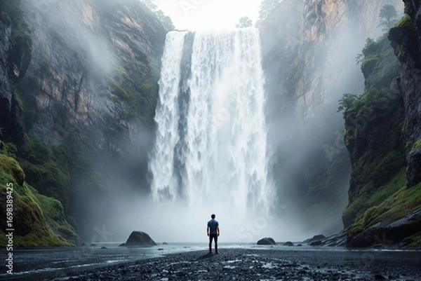 Fototapeta A person stands before a massive waterfall in a misty canyon, surrounded by lush cliffs and rocks, evoking awe, solitude, and nature's power. Ai generative
