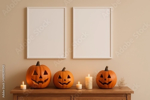 Fototapeta Halloween table decoration featuring a charming frame mockup ideal for festive displays and creative inspiration.